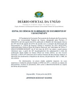 Edital de ciência de eliminação de documentos nº 1/2019/CPAD/UFV